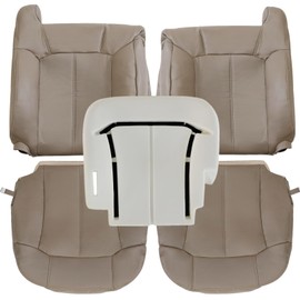 NLQR Front Both Sides Bottom & Back Replacement Seat Covers & Driver Bottom Foam Cushion Compatible with Chevy Silverado GMC Sierra 1999 2000 2001 2002, Microfiber Leather Tan #522 or 52i