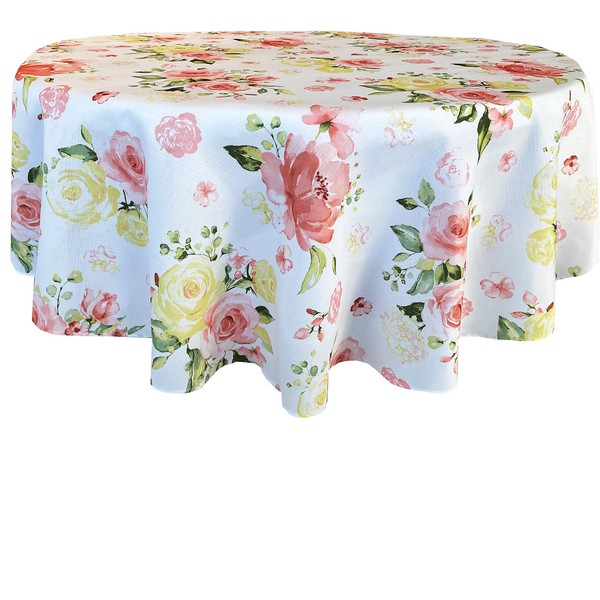 Newbridge Marie Shabby Chic Rose Floral Fabric Tablecloth, Spring and Summer Pink Rose Garden Easy Care Stain Resistant Fabric Tablecloth, 60” x 84” Oval