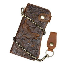 LUUFAN Men's Genuine Leather Long Engraved Wallet Vintage Chain Purse Men Boyfriend Dad, Chain Wallet2, bifold