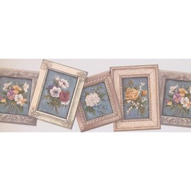 CONCORD WALLCOVERINGS ™ Wallpaper Border Vintage Floral Pattern Framed Flowers Leaves for Living Room, Cream Blue Green White Red Yellow Purple, 8.5 Inches by 15 Feet EDG5114
