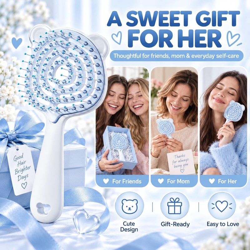 Bear-Shaped Self Cleaning Hair Brush, Curved Vented Design, Blue