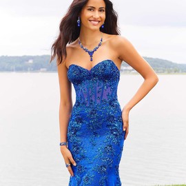 EVER FAITH Costume Jewelry Sets for Women, Rhinestone Crystal Floral Wave Teardrop Pendant Necklace Dangle Earrings Bracelet Ring Set Royal Blue Gold-Tone