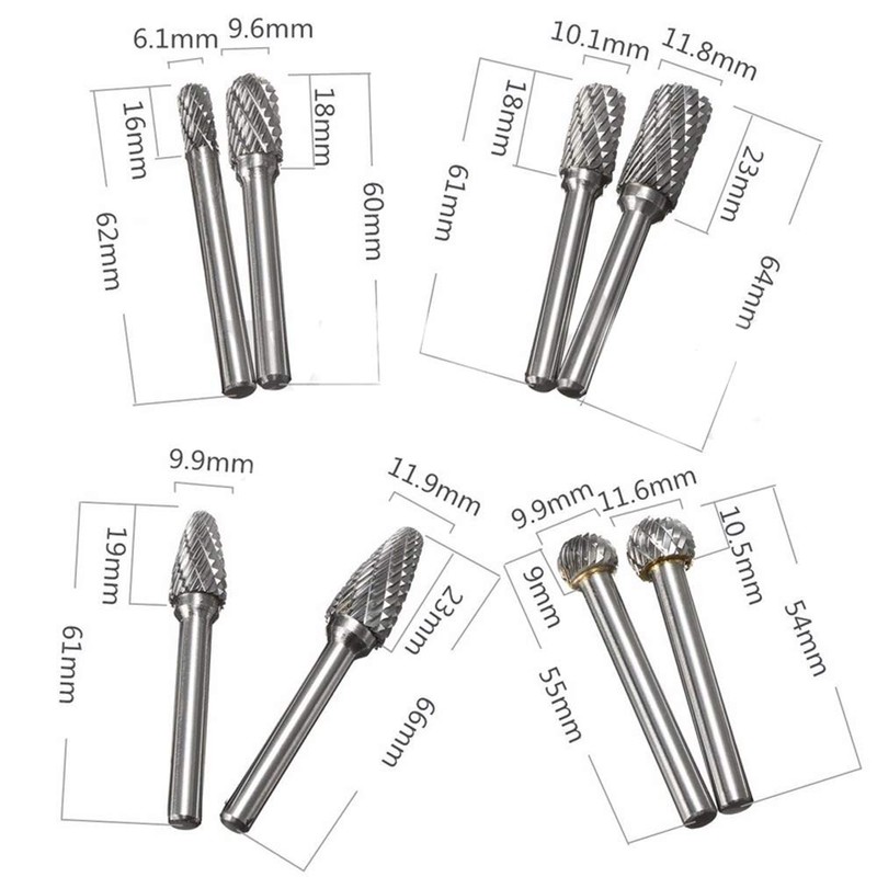8pcs Carbide Rotary Burr Set, Double Cut 1/4''(6.35mm) Shank Solid