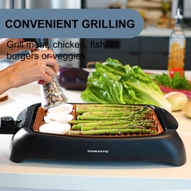 OVENTE Electric Indoor Grill with 13x10 Inch Non-Stick Cooking Surface, 1000W Fast Heat Up Power, Adjustable Temperature, Removable and Dishwasher Safe Grilling Plate and Drip Tray, Copper GD1632NLCO