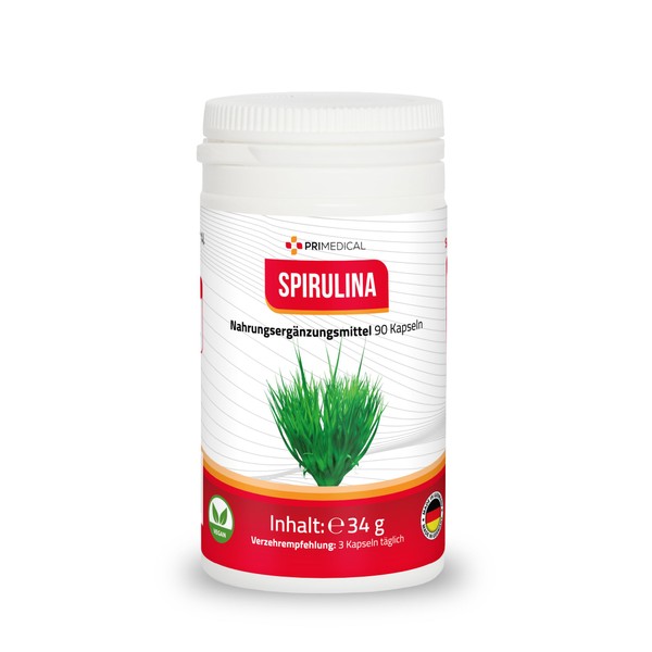 Spirulina Capsules 300 mg per capsule, 900 mg per daily dose, 100% vegan, monthly pack primedical 3-month pack, 1 x 90 capsules