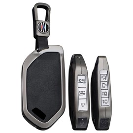 TECART Leather Key fob Cover Fit For 2023-2024 Kia Telluride Metal key Case Smart Remote Key Cover 5/6/7/8/9 Buttons Black