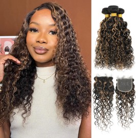 ALHER F1B/27 Blonde Highlight Water Wave (18 20 22+20) Bundles with 4x4 Lace Closure, 12A Wet n Wavy Curly Skunk Stripe Black and Blonde Color HD Closure with Bundles 100% Virgin Remy Hair for Women