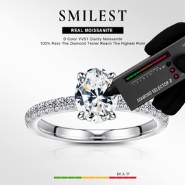 SMILEST 1.5 CT Oval Moissanite Engagement Rings, D Color VVS1 Clarity Lab Created Moissanite Ring 18K White Gold Vermeil Moissanite Side Stone Wedding Rings for Women Mom Wife Gifts Valentine's Day,