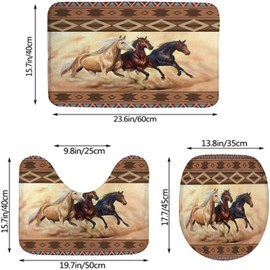 Azetc Boho Ethnic Style Western Horse Bath Rug 3 Piece Western Horse Bathroom Rug Set Brown Bath Mats Set Toilet Contour Mat Lid Cover Non-Slip Floor Mats