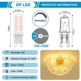BAOMING G9 LED Bulb Dimmable 3W, 40 Watt T4 G9 Halogen Equivalent, 2700K Soft Warm White, 120V No-Flicker, Chandelier Lighting 420LM (6 Pack)