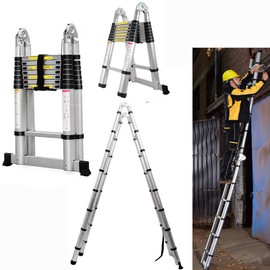 12.5FT Aluminum Telescoping Ladder with Non-Slip Feet and Stabilizer Bar, One Button Retraction Portable Collapsible Ladder A-Frame Multi-Purpose Ladder for Household and Outdoor, Max Load 330lbs