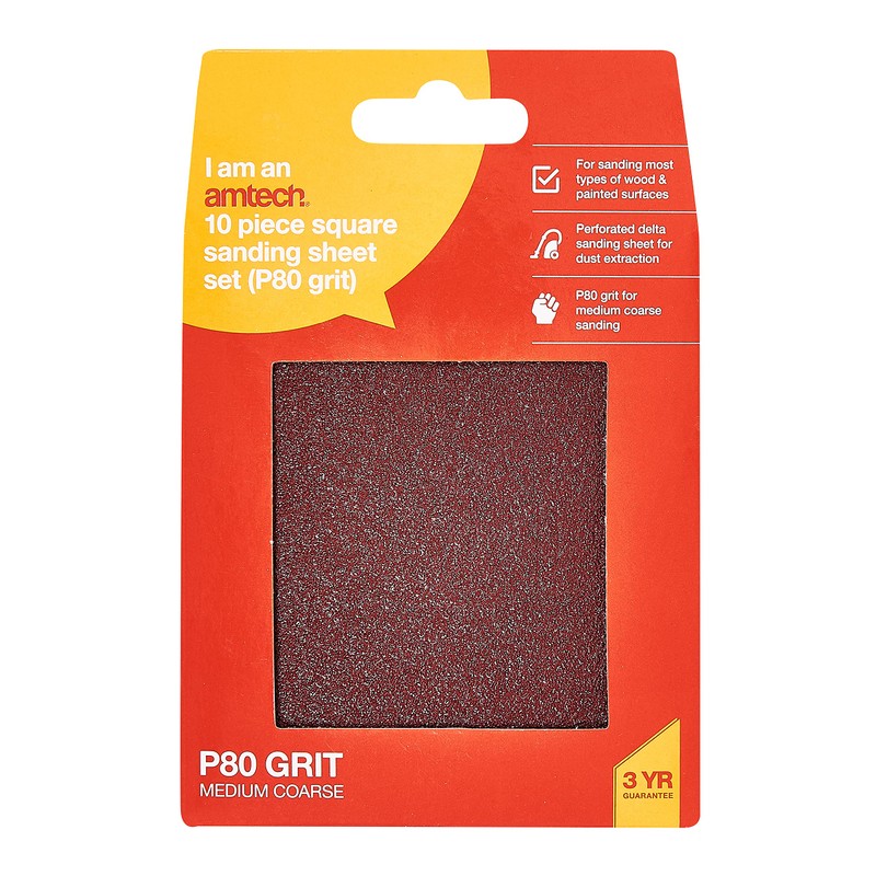 Amtech V4045 P80 Hook and Loop Square Sheets, 10 Piece