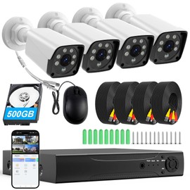H.265+ Wired Security Camera DVR Kit System with AI Human Vehicle Detection, 4X 1920P 5MP IP67 Metallic Indoor/Outdoor Cameras IR Night Vision, 4K NVR 500GB HDD Included for 24/7 Recording