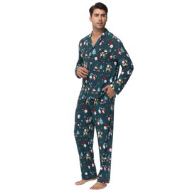 WiWi Men's Viscose from Bamboo Pajama Set Long Sleeve Sleepwear Button Down Pajamas Sets Soft Knit Loungewear Pjs S-XXL, Christmas Elk on Green, Small