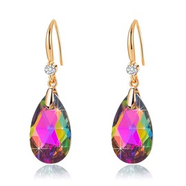 Austrian Crystal Teardrop Dangle Drop Earrings for Women 14K Rose Gold Plated Hypoallergenic Jewelry (Vitrail Medium)