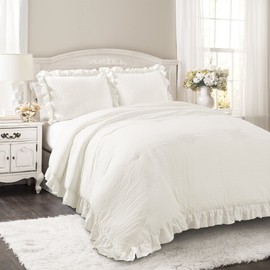 Lush Decor Reyna 3-Piece Ruffled Comforter Bedding Set with Pillow Shams, Full/Queen, White