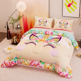 Namoxpa Unicorn Comforter Set,Floral Pink 3D Pattern for Kids Teens Adults,Decorative Bedding Comforter Sets with 2 Pillow Shams, Twin Size