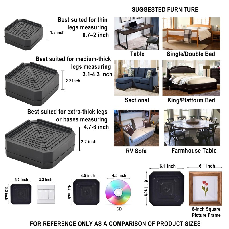 Adjustable Bed Risers 3.6&5.3 Inch, 4000 lbs, 4 Middle Pack
