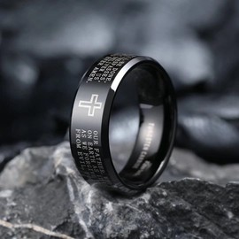 King Will 8mm Black Tungsten Carbide Rings for Men Lord's Prayer Engraved Mens Christian Cross Bible Ring Male Religious Faith Wedding Band Polished Finish Beveled Edge, Size 13.5