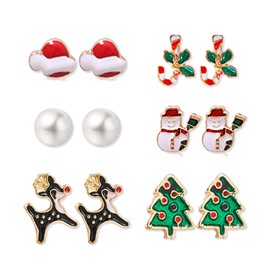 6 Pairs Christmas Stud Earrings Set Christmas Earrings for Women Christmas Tree Jingle Bell Elk Snowflake Candy Snowman Penguin Earrings Xmas Holiday (C)