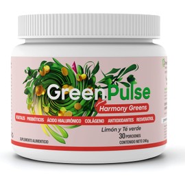 Harmony Greens – Jugo Verde en Polvo sin Azúcar | Con Colágeno, Ácido Hialurónico, Biotina, Probióticos y Antioxidantes | Sabor Limón & Té Verde | 30 Porciones | GreenPulse Performance