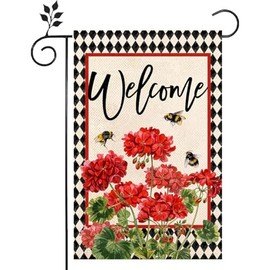 Welcome Spring Red Hydrangea Garden Flag 12x18 Inch Double Sided for Outside Home Small Burlap Plaid Yard Welcome Flag Decoration