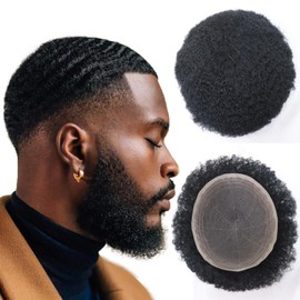 HAPPY&CC Men Unit Real Human Hair Afro Curl Toupee for Black Men French Lace Kinky Curly African American Mens Wigs Hair Replacement System 6mm #1 Jet Black 8x10 Inch