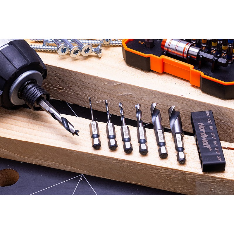 NordWolf 7-Piece HSS Brad Point Stubby Wood Drill Bit Set
