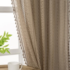 WAZZIO Crochet Boho Cotton Lace Curtains for Bedroom Living Room, Light Filtering Privacy Rod Pocket Sheer Drapes, 84 Inches Long, 2 Panel Set, Taupe