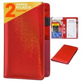 Server Books for Waitress - Glitter Leather Waiter Book Server Wallet with Zipper Pocket, Cute Waitress Book&Waitstaff Organizer with Money Pocket Fit Server Apron (Glitter Red)