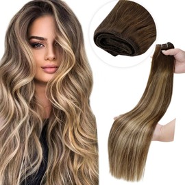 LaaVoo 40 cm Real Hair Extensions Wefts for Sew-In Straight Balayage Brown to Caramel Blonde Ombre Hair Wefts Real Hair Remy Human Hair 100 g #4/27/4