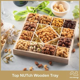 Nut Gift Basket in Wooden Tray + Green Ribbon (13 Piece Assortment)