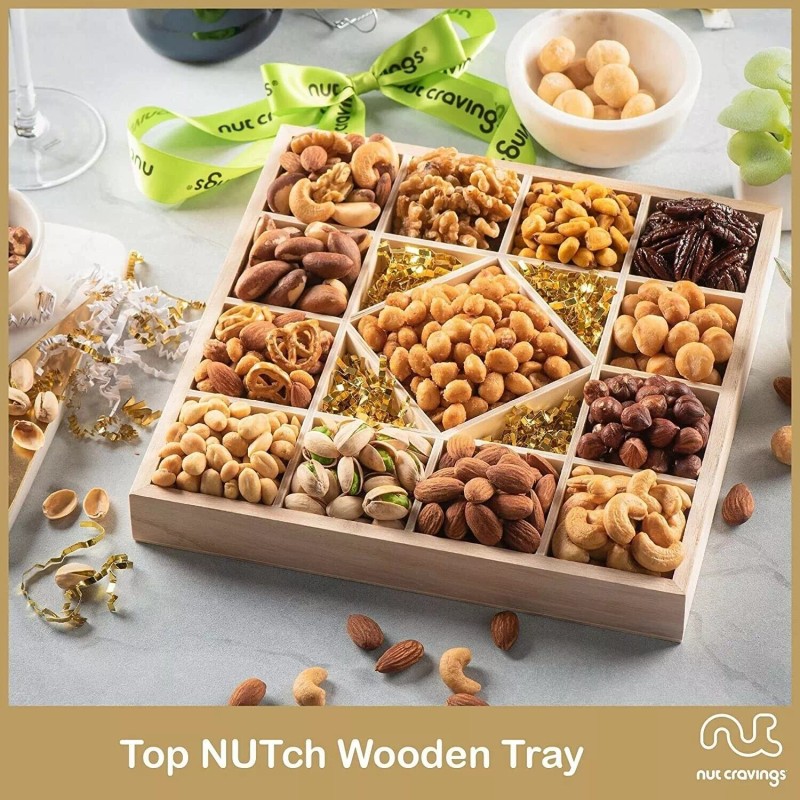 Nut Gift Basket in Wooden Tray + Green Ribbon (13