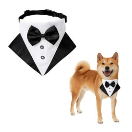 WANDIC Dog Tuxedo Bandana Collar, 1 Piece Adjustable Dog Wedding Bandana Formal Tux Dog Bowtie Bandana with D Ring for Medium Large Dogs