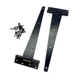 2PK Heavy Duty Black Tee Hinges with Fixings. Strong T-Hinges for Garden Gates, Sheds and Doors. Japanned Corrosion and Weather Resistant External Hinge Pack of 2 with Screws.
