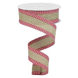 Solid Canvas Ribbon with Gingham Wired Edge - 10 Yards (Light Beige, Red, White, 1.5 Inch)