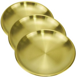 Oaixuilhy Round Stainless Steel Decorative Tray Serving Trays Cosmetics Organizer Bathroom Clutter Serving Platter Small Storage Tray for Jewelry Makeup Candle (3 Pack Gold 14cm)
