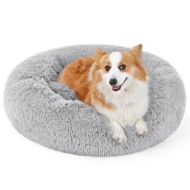 rabbitgoo Calming Dog Bed for Small Medium Dog, 30 inches Pet Bed Machine Washable, Non-Slip Round Fluffy Plush Faux Fur Large Cat Bed, Soft Donut Cuddler Cushion for Small Dog, Light Grey