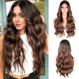 Vitorish Ombre Brown Wavy Wig for Women 28 Inches Synthetic Curly Middle Part Long Wig Small Lace Natural Looking Heat Resistant Fiber Wig for Daily Party Use (Ombre Brown)