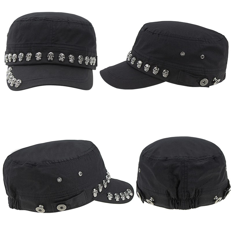 Men Women Soft Washed Cotton Skull/Skeleton Studded Punk-Army-Cap Cadet Cap