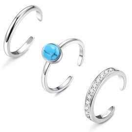 MILACOLATO 3Pcs Sterling Silver Toe Rings for Women 18K White Gold Plated Turquoise Cubic Zirconia Simple Band Toe Rings Hypoallergenic Adjustable Toe Rings Summer Beach Foot Jewelry Set