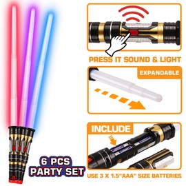 6 Pack Light Up Saber 3 Colors, 2-In-1 Led Dual Light Swords With Fx Sound (Motion Sensitive) And Telescopic Handle For Multiplayer Galaxy War Fighter Warriors, Xmas Present Kids Party Gift
