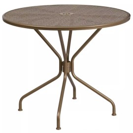 Flash Furniture 35.25" Round Steel Flower Print Patio Dining Table in Gold