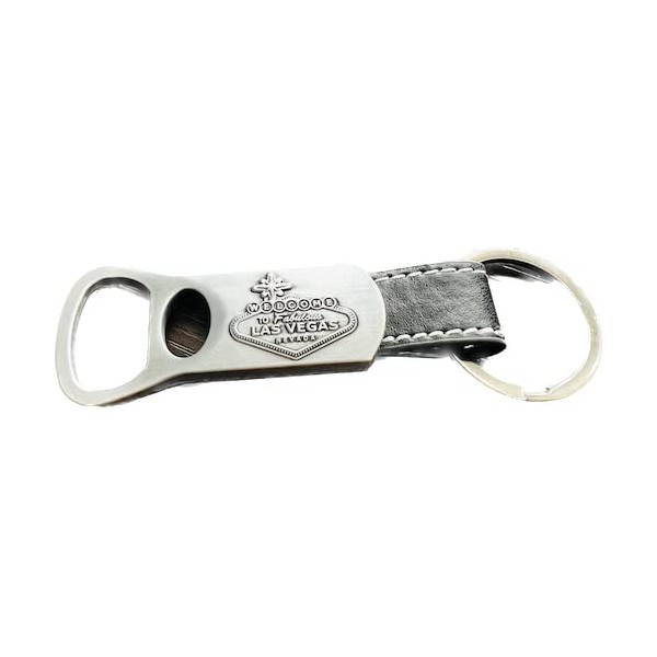 Las Vegas Silver Bottle Opener Leather Strap Keychain