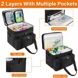 Sewing Accessories Organizer Case with Shoulder Strap,Double Layer Sewing Storage Bag with 2 Detachable Pouches for Sewing Accessories and Supplies,Large Travel Sewing Box for Sewing kit Tools,Black