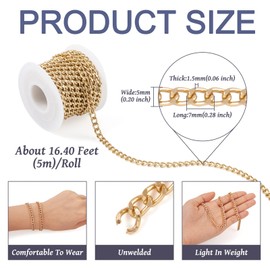 Beadthoven 16.4ft Aluminum Curb Chains, Golden Chains for Jewelry Making 5mm Wide Metal Craft Chain Link Spool Twisted Links Oval Cross Curb Chains Unwelded for Clothes Necklace Bracelet DIY Findings