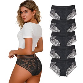 Hialegion Women's Lace Briefs with High Tallien Underpants Seamless and Breathable for Women Panties with Elastic Waistband S-4XL Multipack, 5-black*5, 4XL large sizes