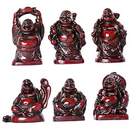 ADDUNE Set of 6 Laughing Happy Buddha Statue Resin Figurines Feng Shui for Luck Wealth Good Gift and Collection (Dark Red, 2'')