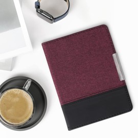 kwmobile Case Compatible with Kobo Aura Edition 2 - PU Leather and Canvas e-Reader Cover - Dark Red/Black