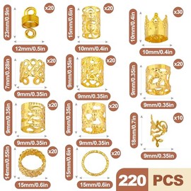 220 Pcs Gold Hair Charms for Braids Braid Rings Cuffs Metal Hair Decorations for Women Dreadlock Accessories Loc Clips Jewelry for Viking Hair Braidin